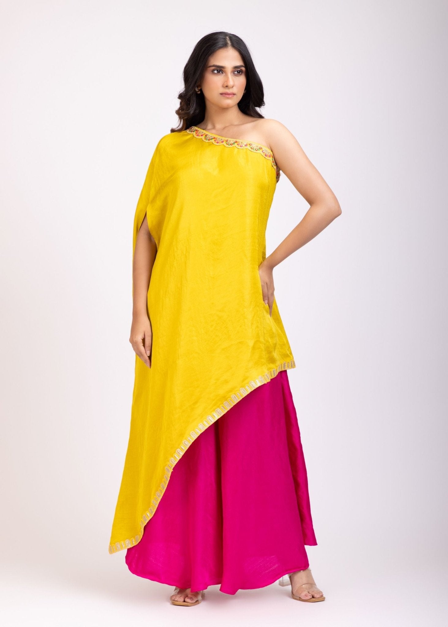 Yellow and Pink One Shoulder Cord Set - Anvi Couture