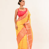 Yellow with Pink and Gold Border Handloom Silk Organza Saree 
