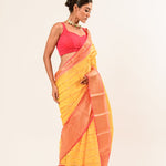 Yellow with Pink and Gold Border Handloom Organza Saree