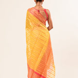 Yellow with Pink  Border Handloom Silk Organza Saree 