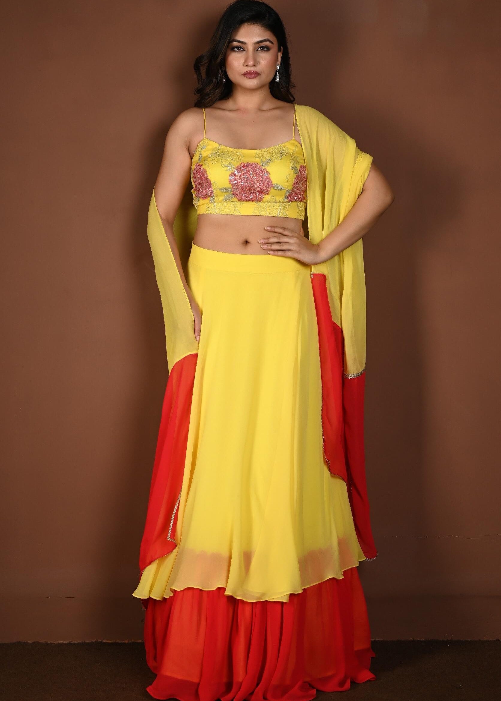 Yellow and Red Double Layered Lehenga Set with Embroidered Choli - Anvi Couture