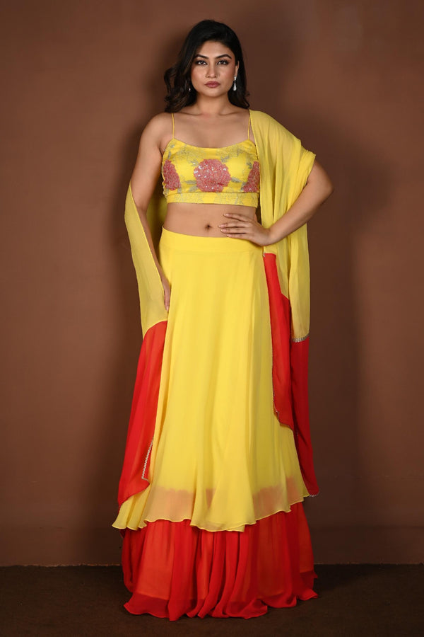 Yellow and Red Double Layered Lehenga Set with Embroidered Choli - Anvi Couture