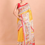 Yellow and Red Hand Painted Madhubani Tussar Silk Saree - Anvi Couture