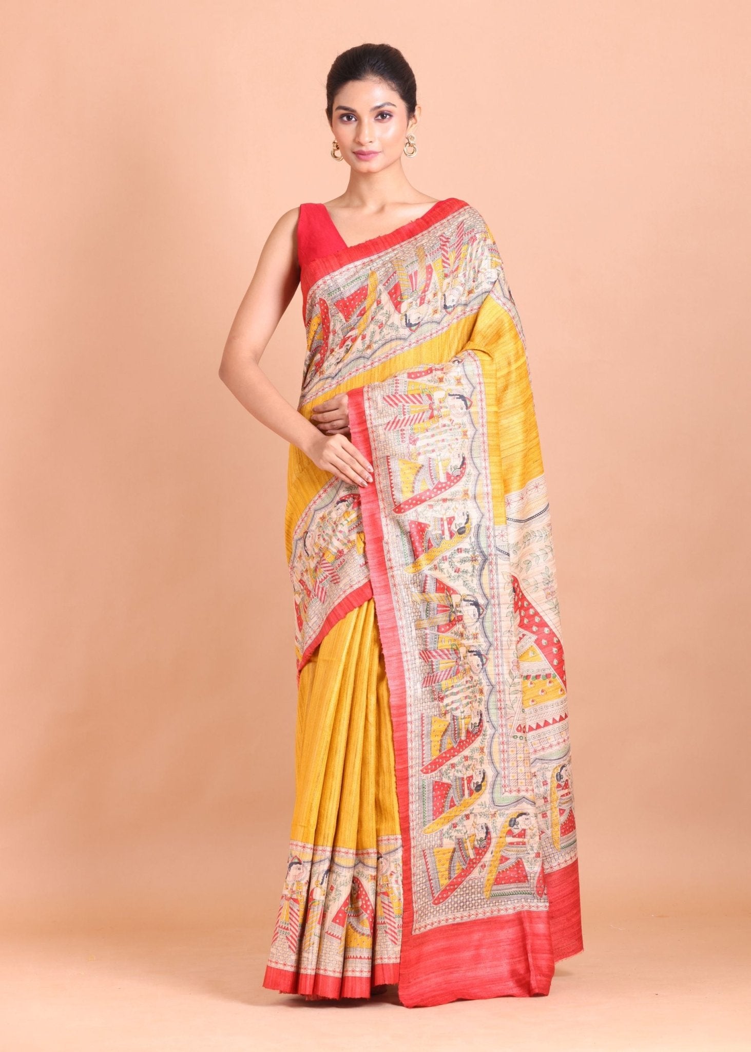 Yellow and Red Hand Painted Madhubani Tussar Silk Saree - Anvi Couture