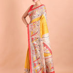 Yellow and Red Hand Painted Madhubani Tussar Silk Saree - Anvi Couture