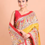 Yellow and Red Hand Painted Madhubani Tussar Silk Saree - Anvi Couture