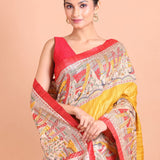 Yellow and Red Hand Painted Madhubani Tussar Silk Saree - Anvi Couture