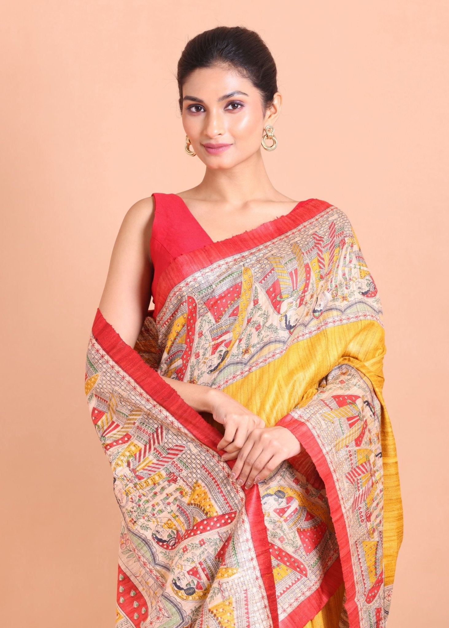 Yellow and Red Hand Painted Madhubani Tussar Silk Saree - Anvi Couture