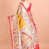 Yellow and Red Hand Painted Madhubani Tussar Silk Saree - Anvi Couture
