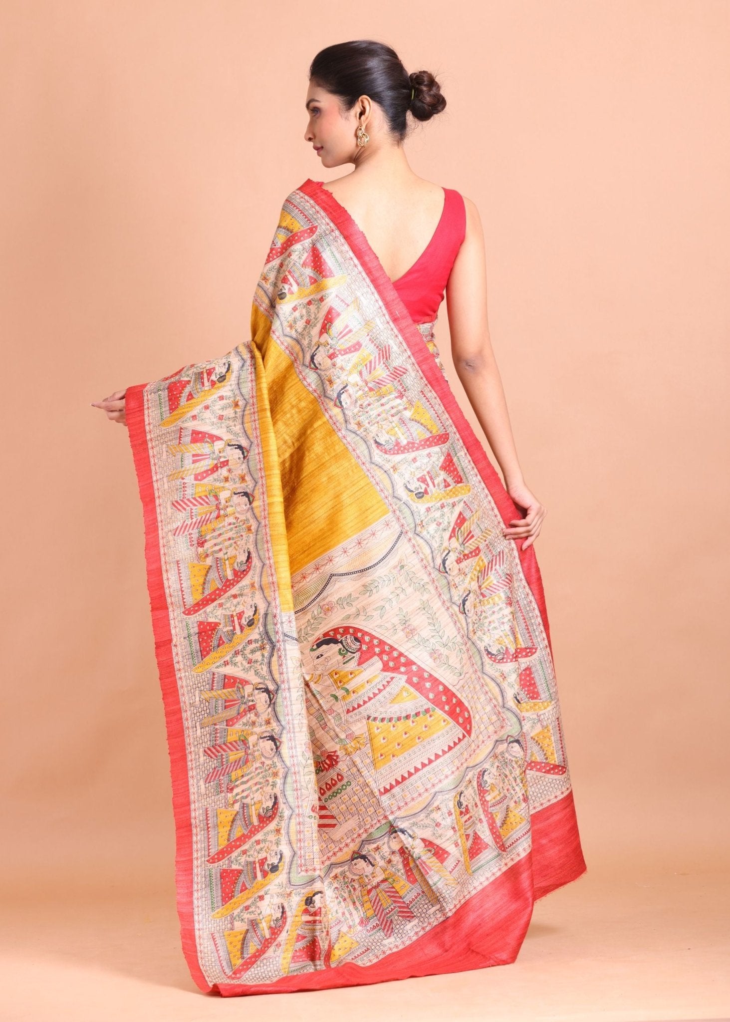 Yellow and Red Hand Painted Madhubani Tussar Silk Saree - Anvi Couture