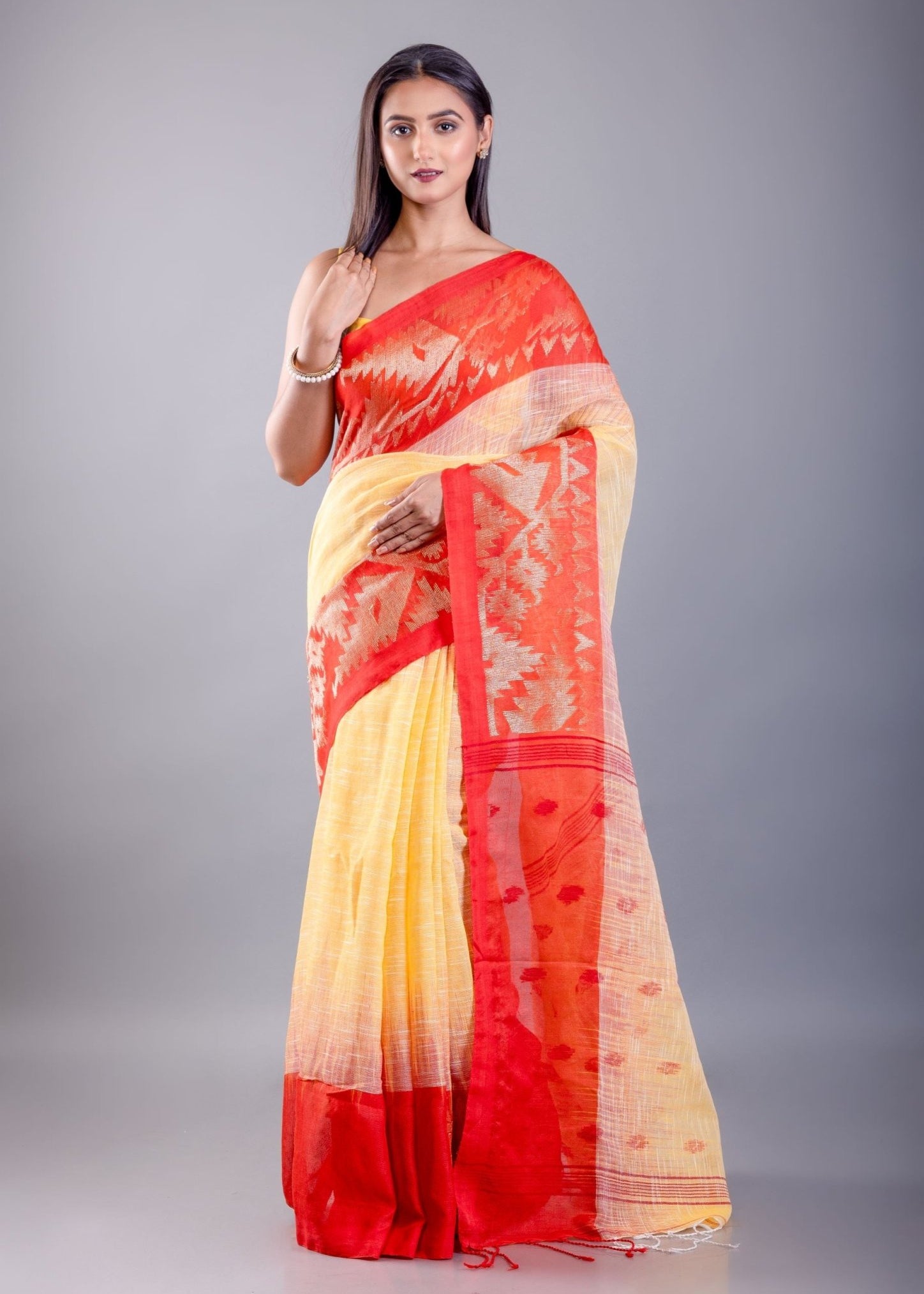 Yellow and Red Ombre Tant Jamdani Saree with Floral Motifs