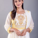 Yellow and White Printed Anarkali Set With Embroiderd Work - Close Up