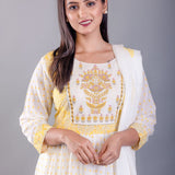 Yellow and White Printed Anarkali Set With Embroiderd Work - Close Up