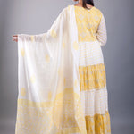 Yellow and White Printed Anarkali Set with Embroidered Work — full-length back view showing flared silhouette — Anvi Couture