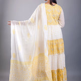 Yellow and White Printed Anarkali Set with Embroidered Work — full-length back view showing flared silhouette — Anvi Couture