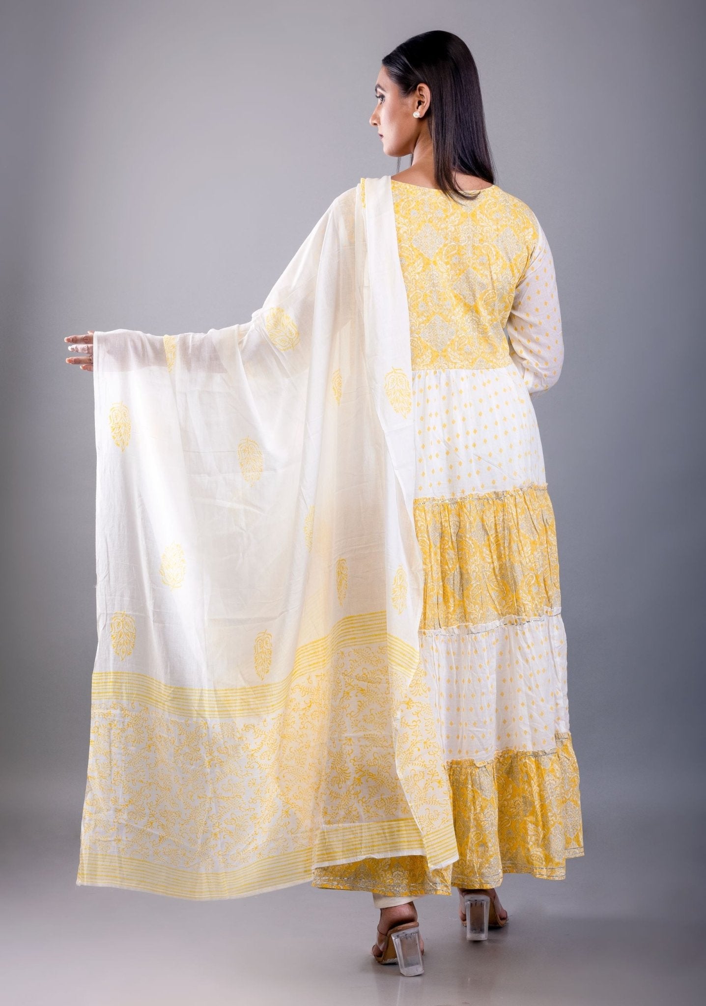 Yellow and White Printed Anarkali Set with Embroidered Work — full-length back view showing flared silhouette — Anvi Couture