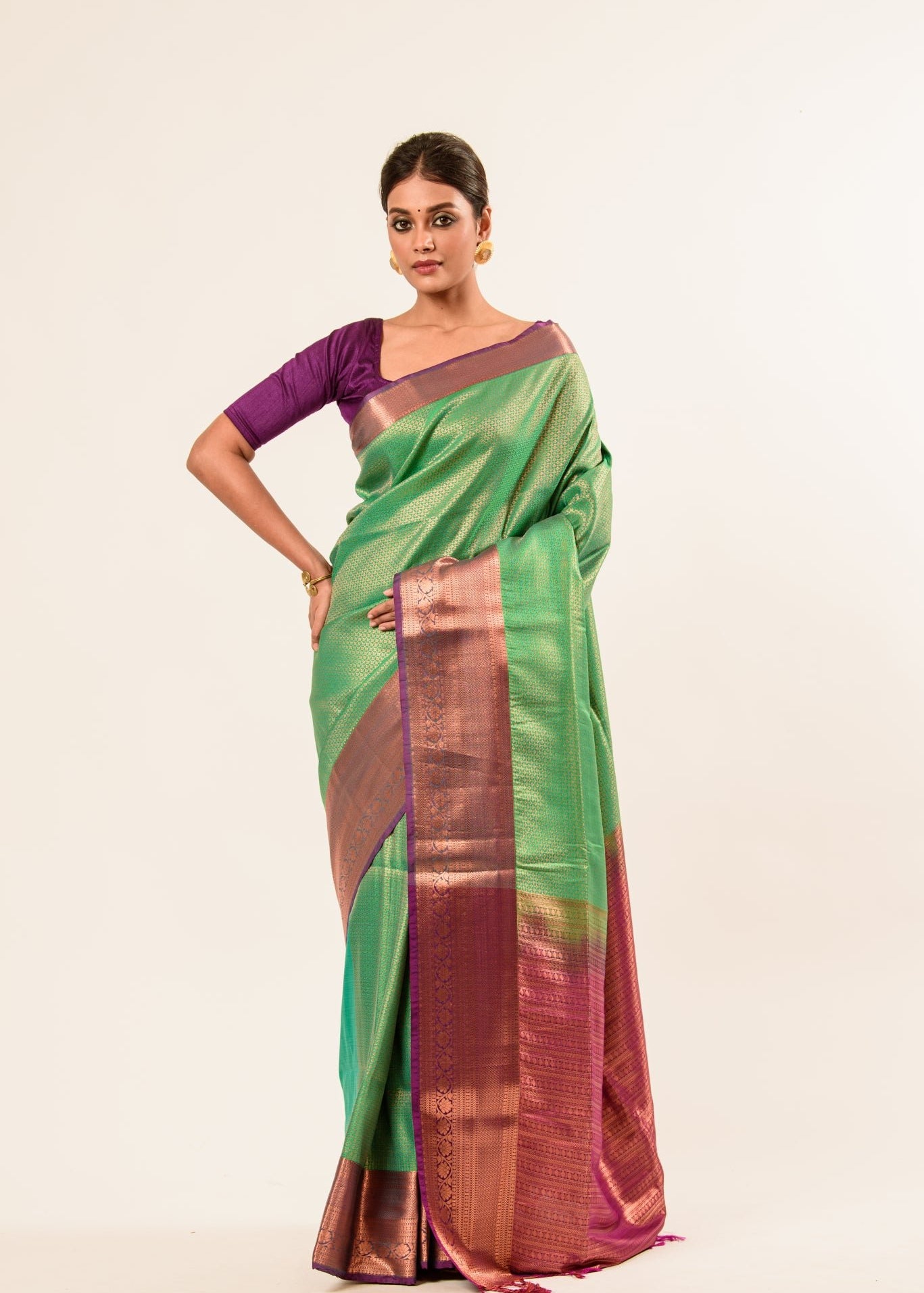 Forest Green Kanjivaram Silk Saree with Magenta Border and all over Zari - Anvi Couture