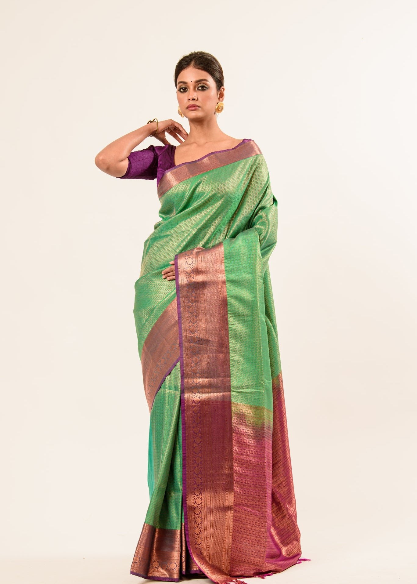 Forest Green Kanjivaram Silk Saree with Magenta Border and all over Zari - Anvi Couture