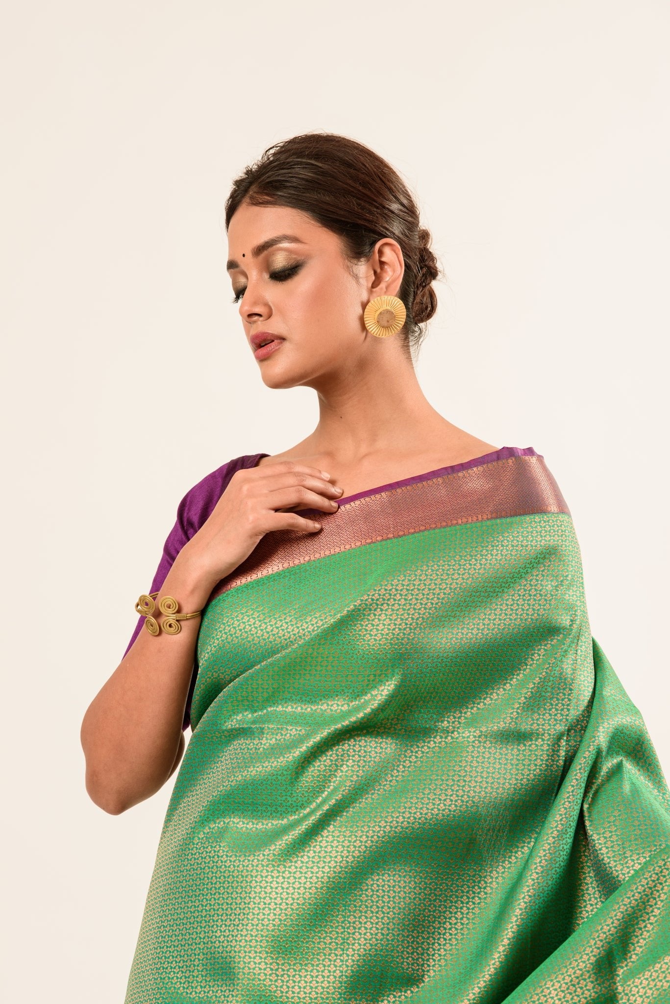 Forest Green Kanjivaram Silk Saree with Magenta Border and all over Zari - Anvi Couture