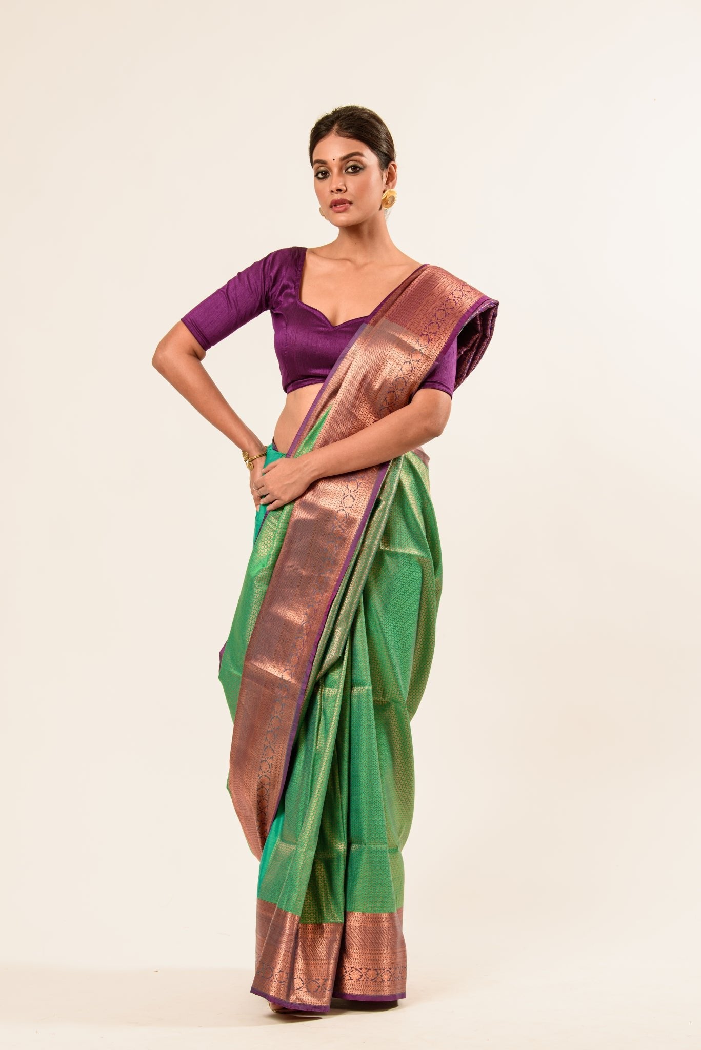 Forest Green Kanjivaram Silk Saree with Magenta Border and all over Zari - Anvi Couture