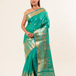 Light Blue and Gold Temple Border Pure Katan Banarasi Silk Saree - Image 1