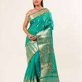 Light Blue and Gold Temple Border Pure Katan Banarasi Silk Saree