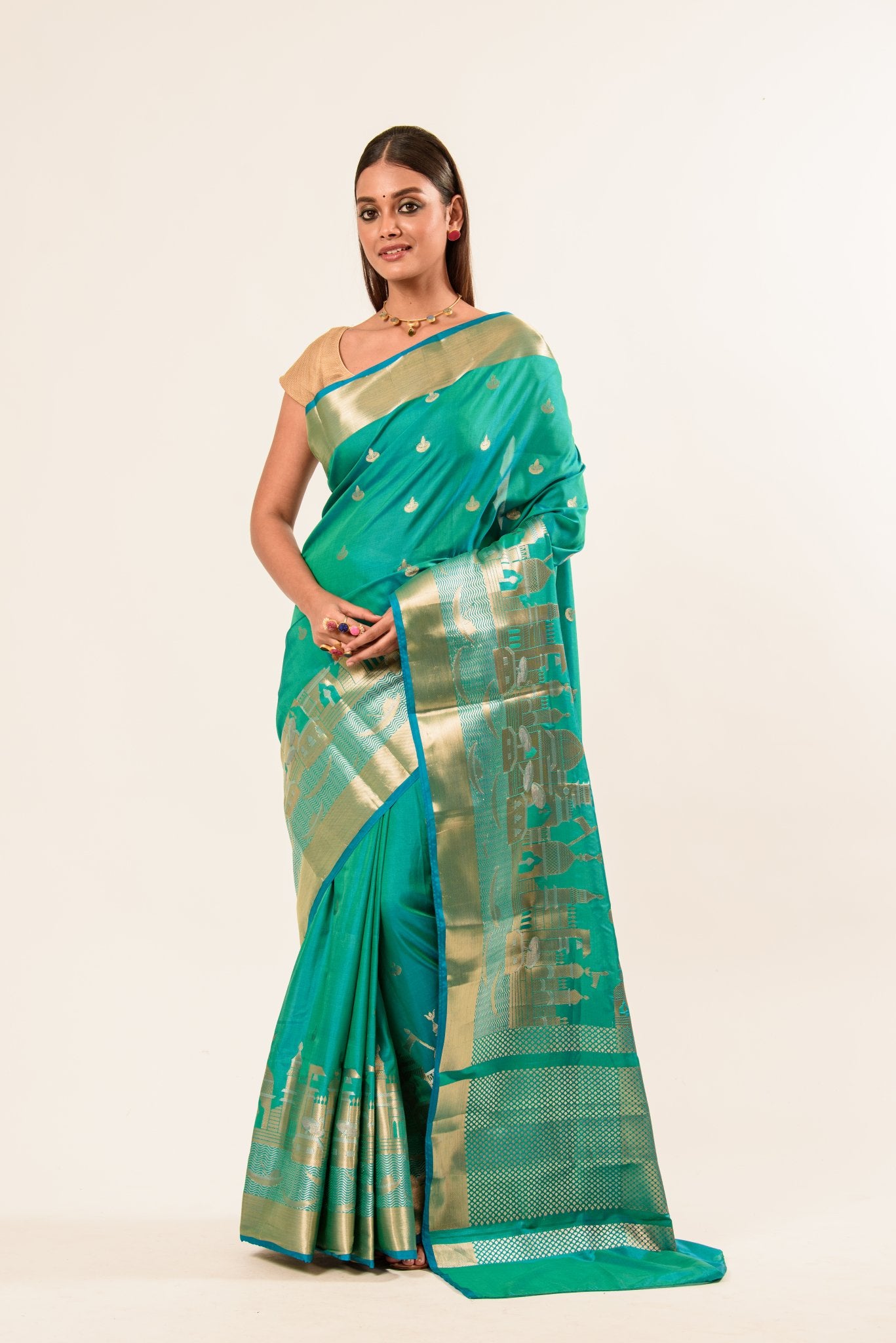 Light Blue and Gold Temple Border Pure Katan Banarasi Silk Saree - Image 1