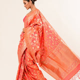 Peach Katan Silk Brocade Handwoven Banarasi Saree - Anvi Couture