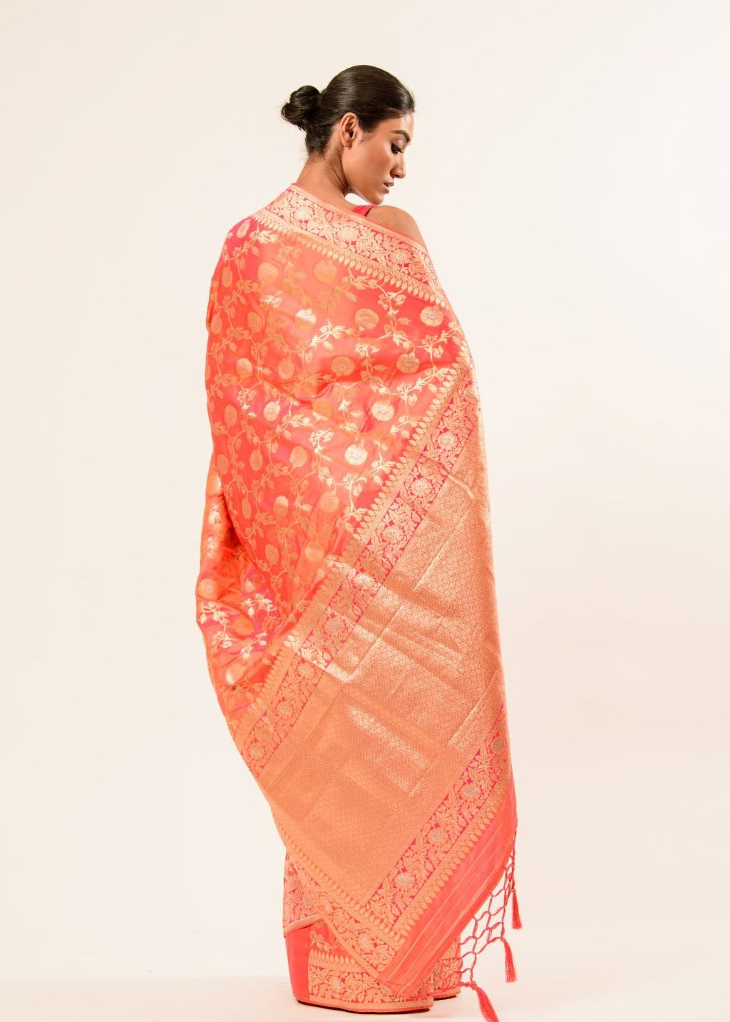 Peach Katan Silk Brocade Handwoven Banarasi Saree - Anvi Couture