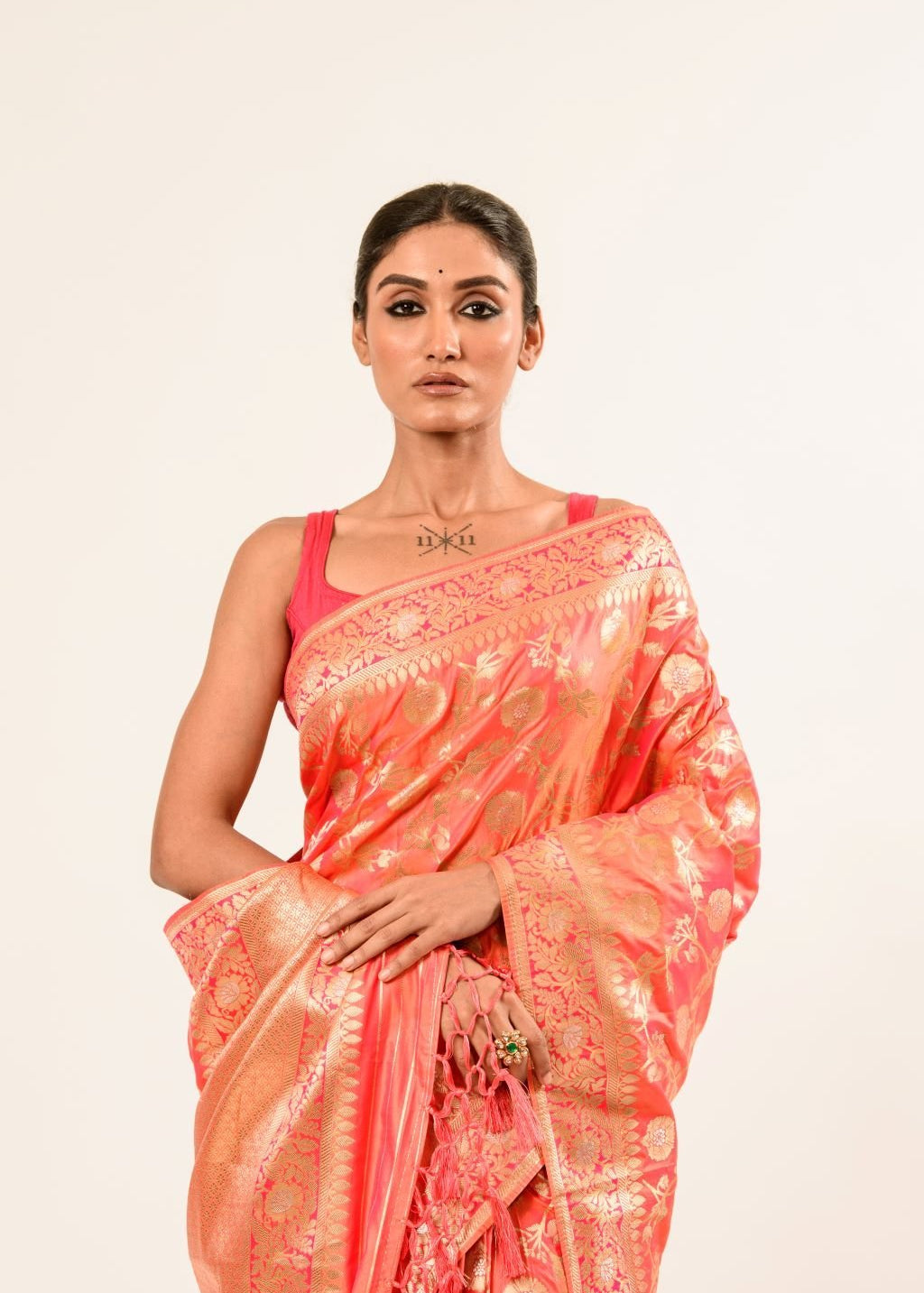 Peach Katan Silk Brocade Handwoven Banarasi Saree - Anvi Couture