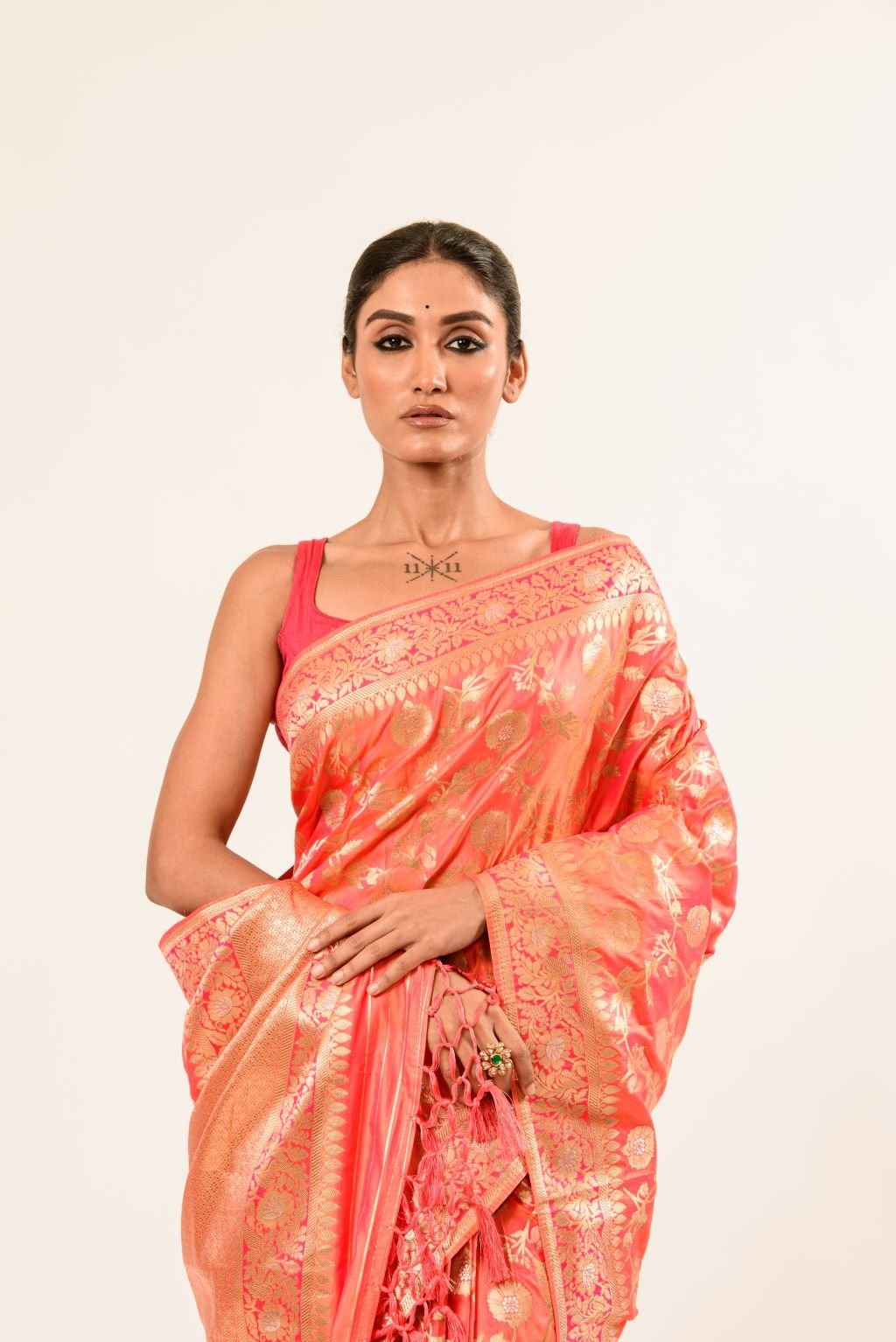 Peach Katan Silk Brocade Handwoven Banarasi Saree - Anvi Couture