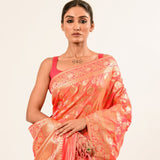 Peach Katan Silk Brocade Handwoven Banarasi Saree - Anvi Couture