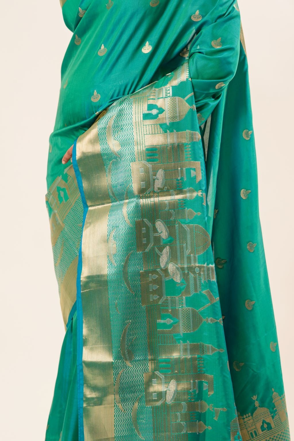 Light Blue Banarasi Katan Silk Saree with Golden Temple Border - Image 2