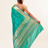 Gorgeous Katan Banarasi Silk Saree Pallu showing Temple work from Anvi Couture 