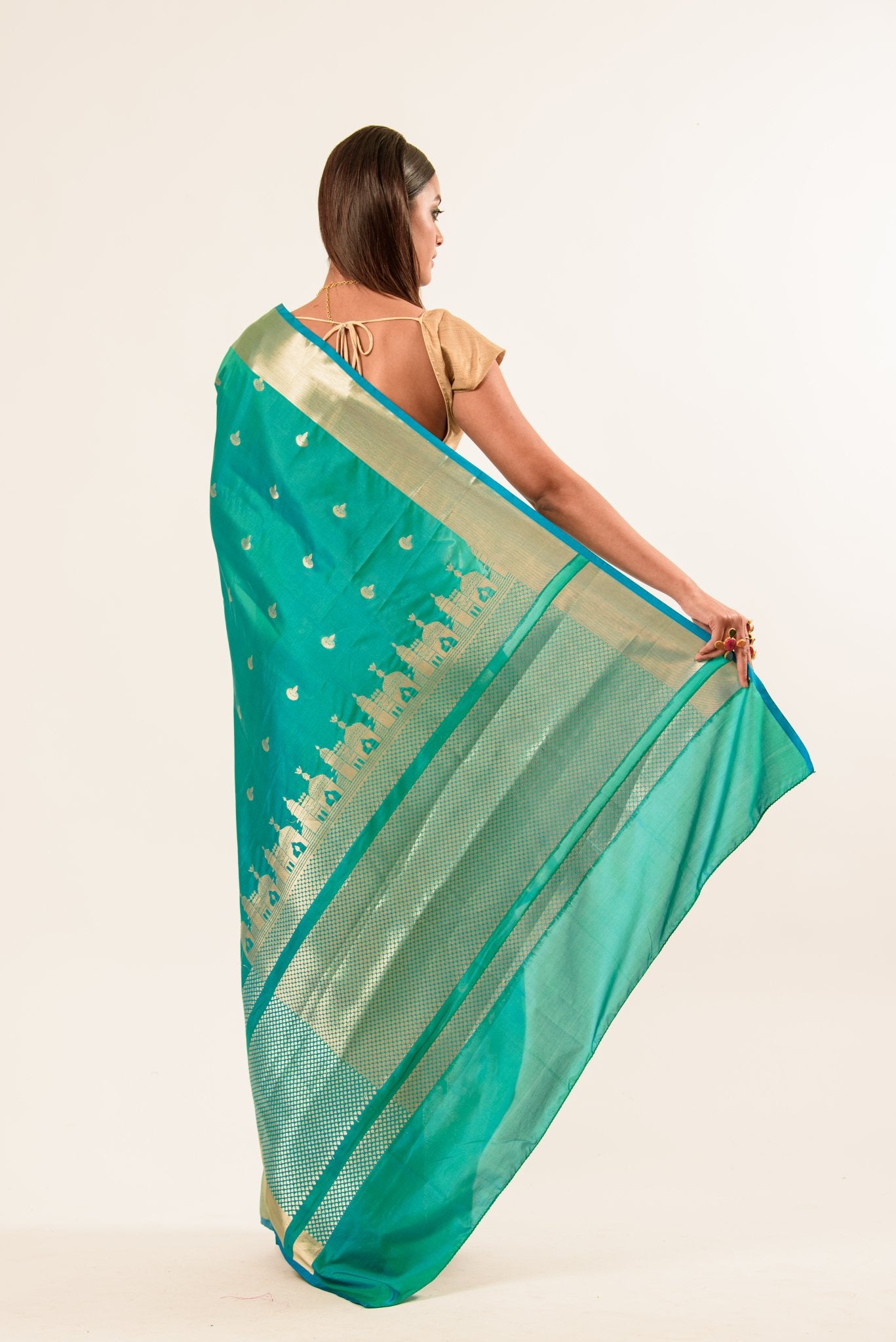 Gorgeous Katan Banarasi Silk Saree Pallu showing Temple work from Anvi Couture 