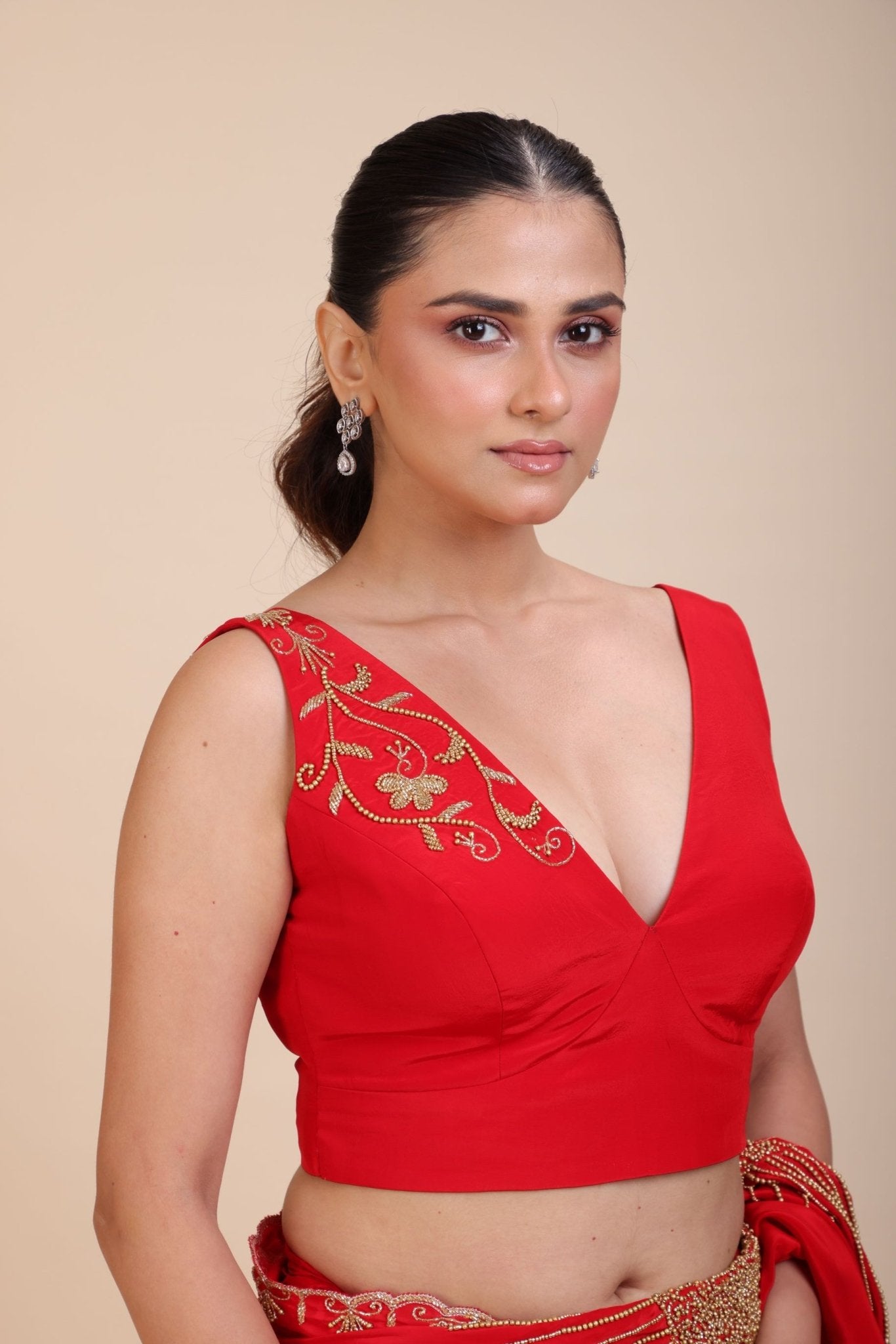 Red Designer Hand Embroidered Saree - Anvi Couture