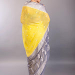 back view showing full pallu spread of the yellow Banarasi saree