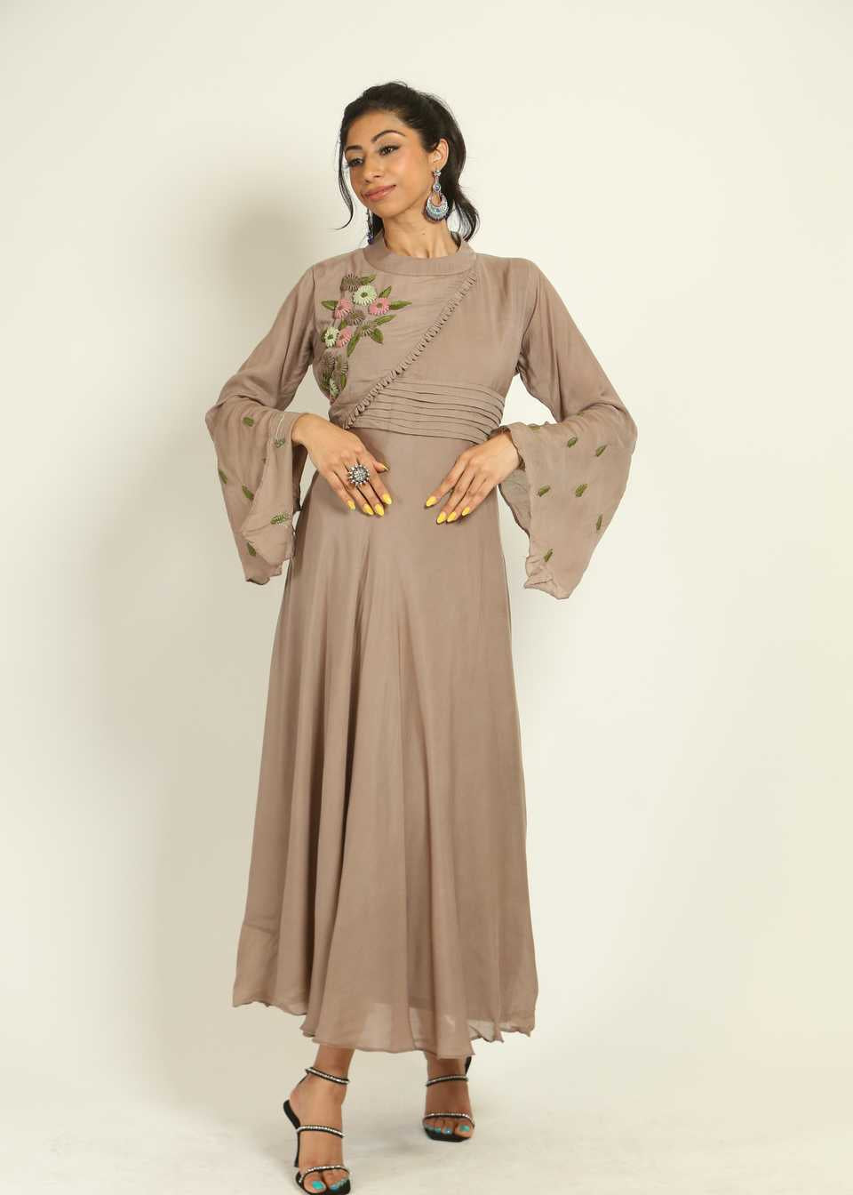 Mushroom Cotton Gown with Floral Hand Embroidery Work - Anvi Couture