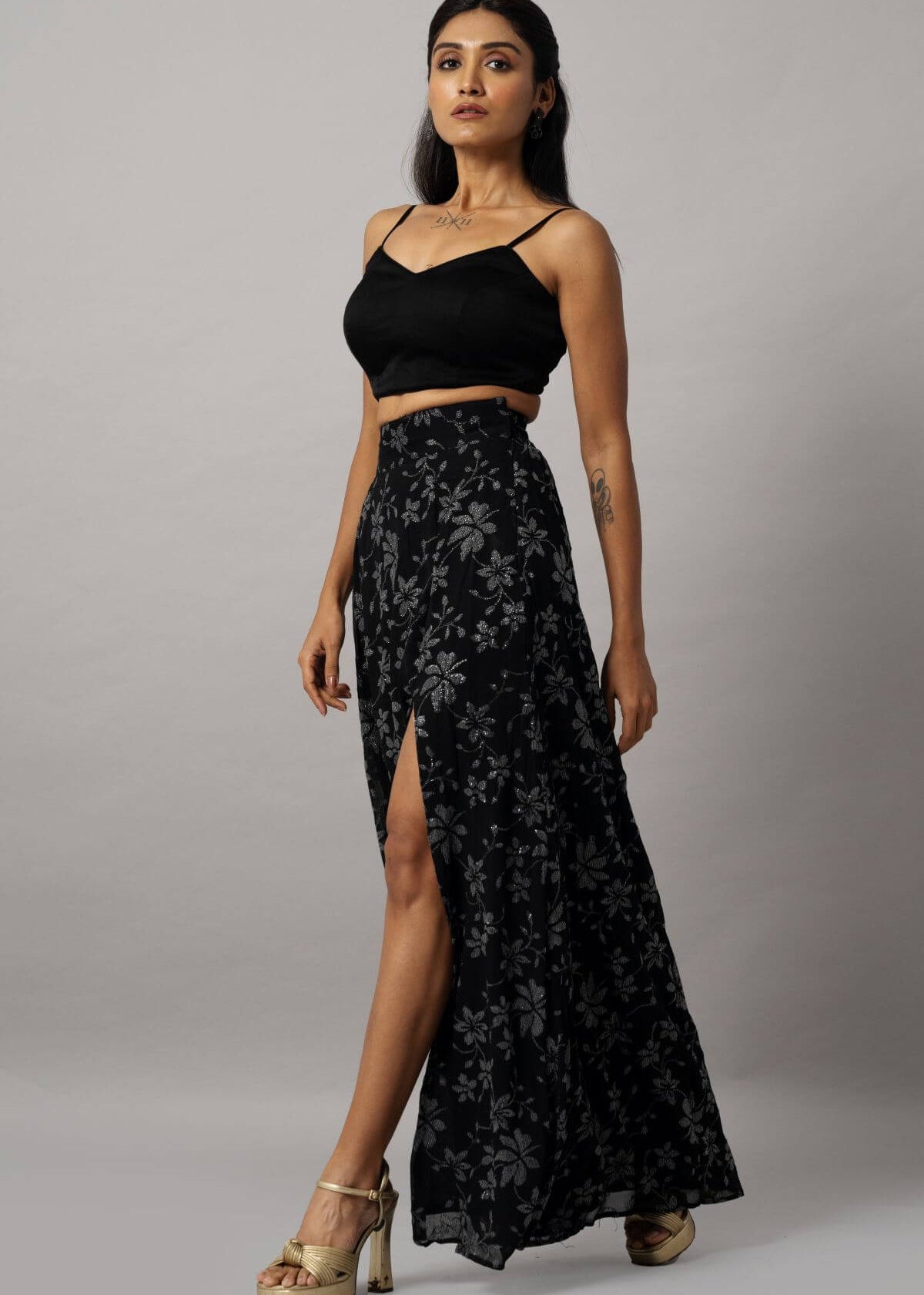 Elegant Black Crop Top and Thigh-High Slit Skirt Set for Modern Women