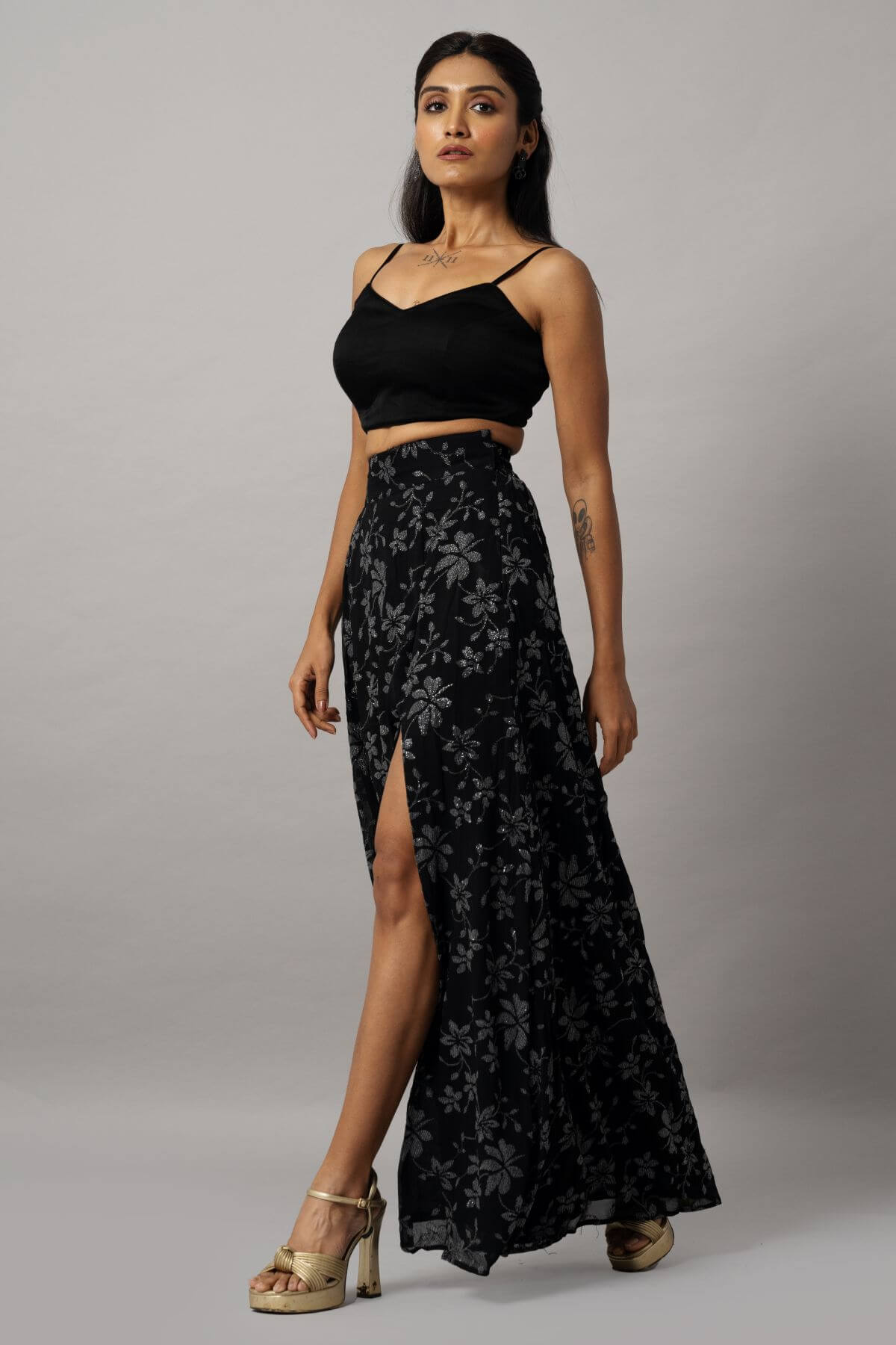 Elegant Black Crop Top and Thigh-High Slit Skirt Set for Modern Women