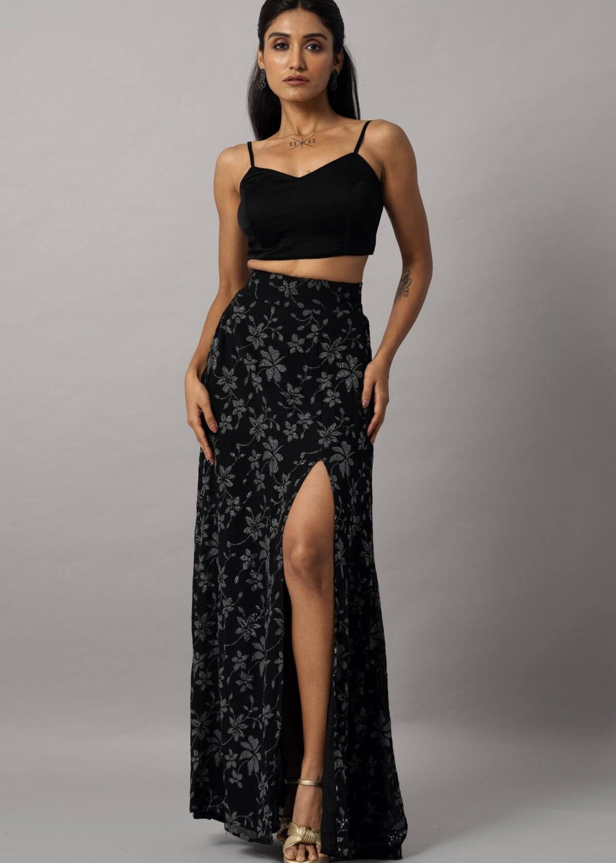 Stylish Black Co-Ord Set with Crop Top and High-Slit Skirt for Women