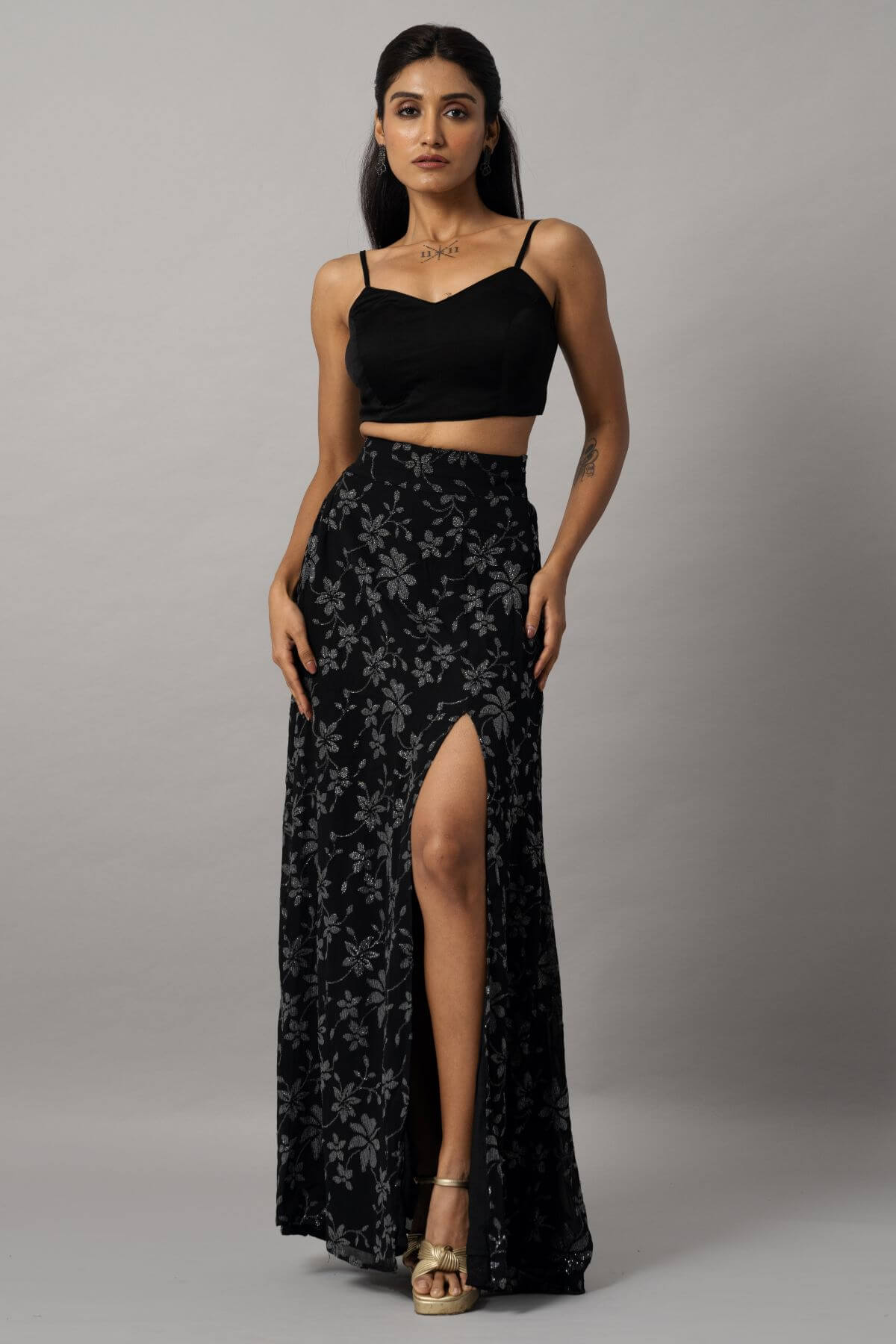 Stylish Black Co-Ord Set with Crop Top and High-Slit Skirt for Women