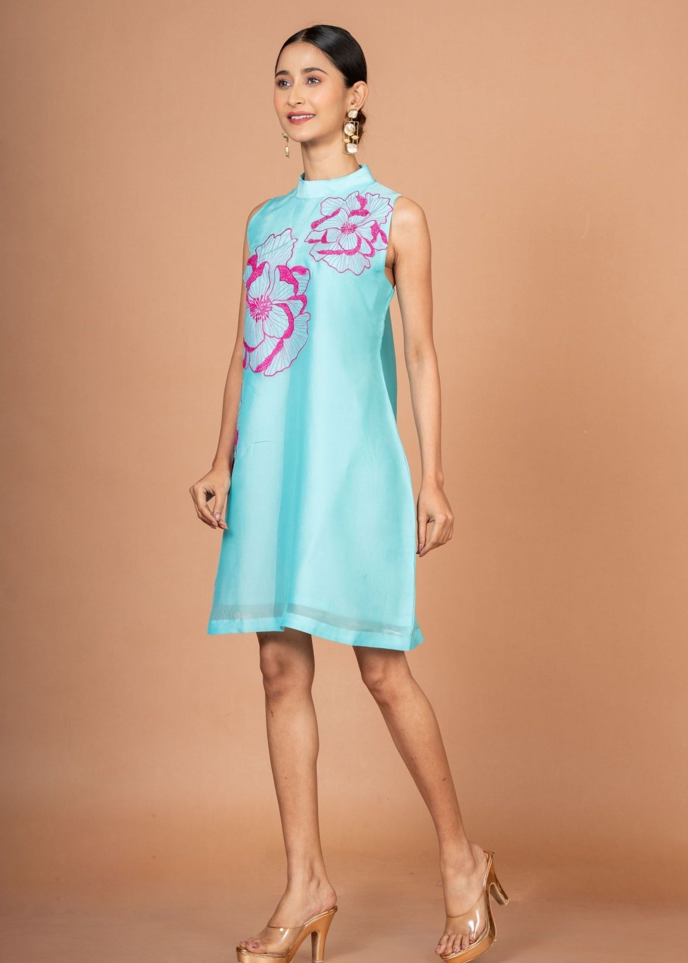 Blue Floral Hand Embroidered Mini Dress - Anvi Couture