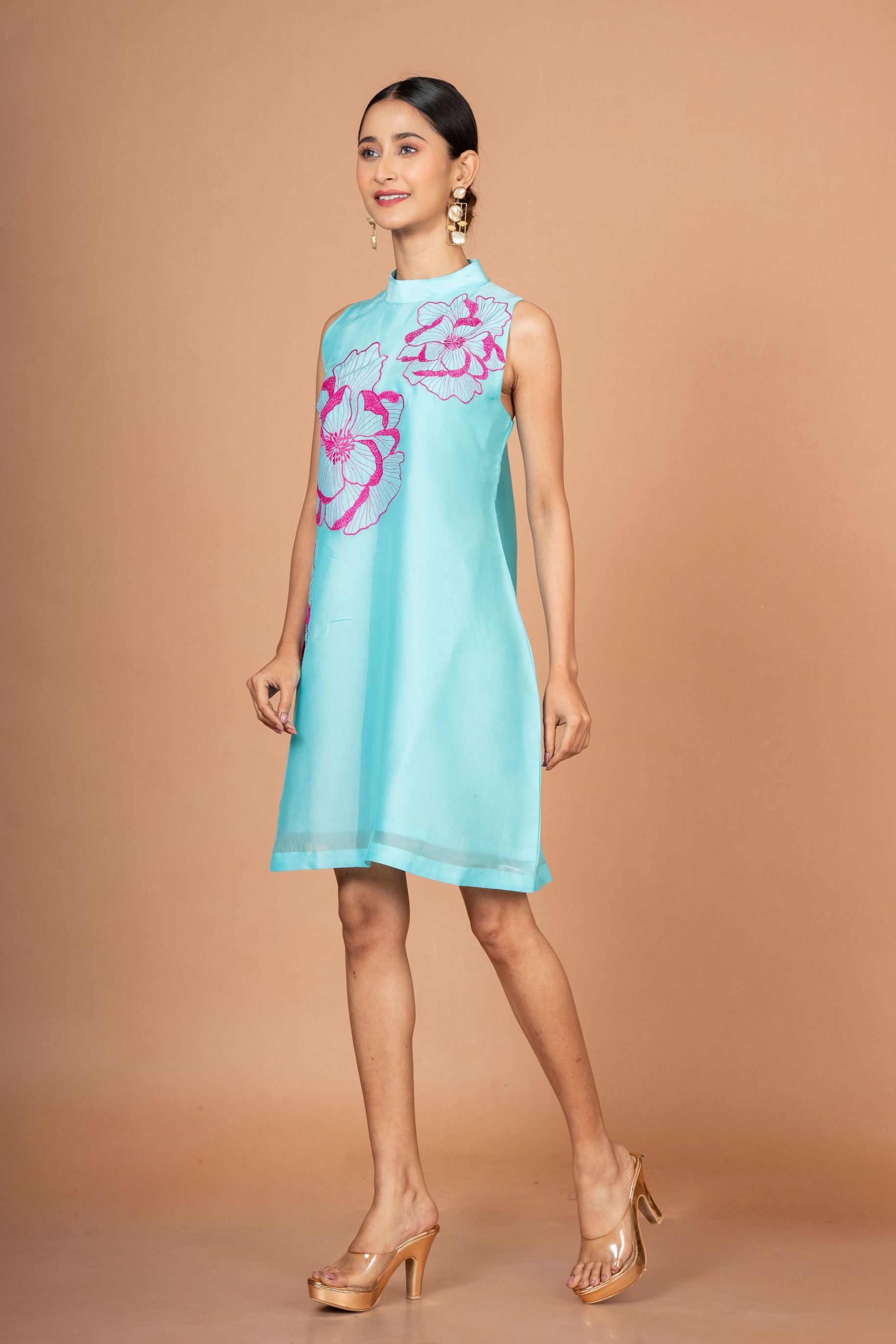 Blue Floral Hand Embroidered Mini Dress Side