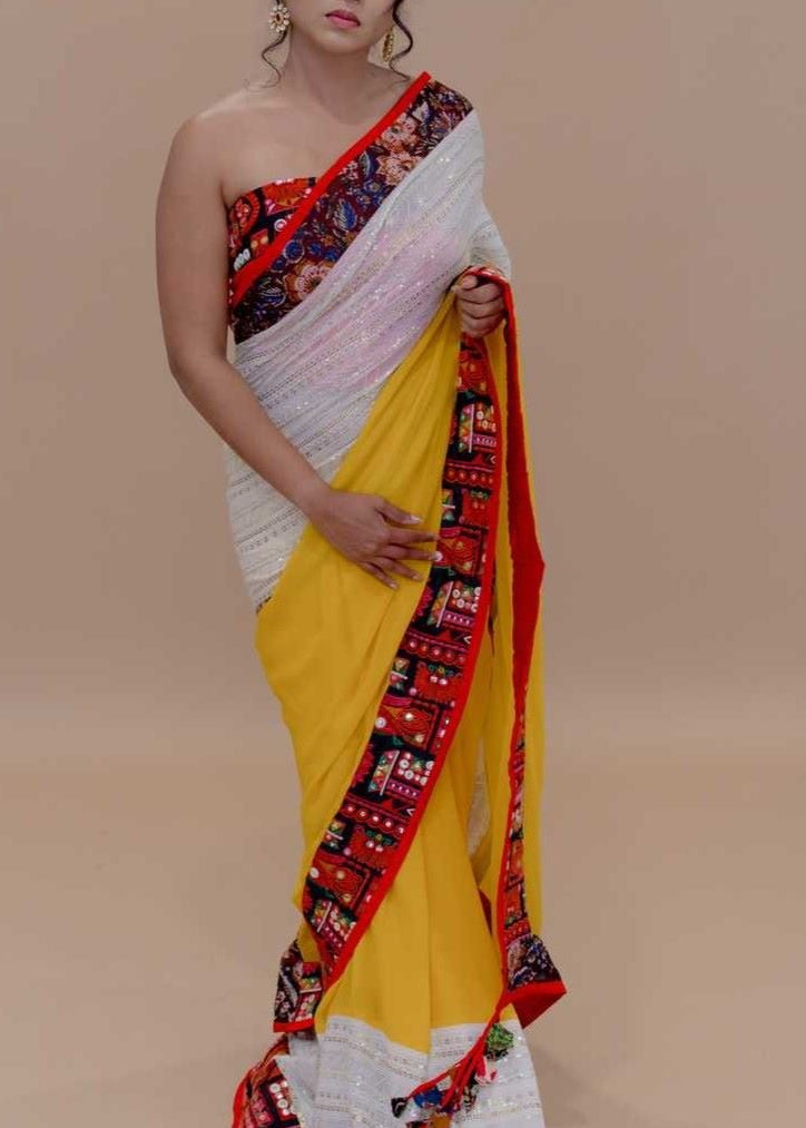 White and Yellow Pure Georgette Designer Saree with painted border - Anvi Couture