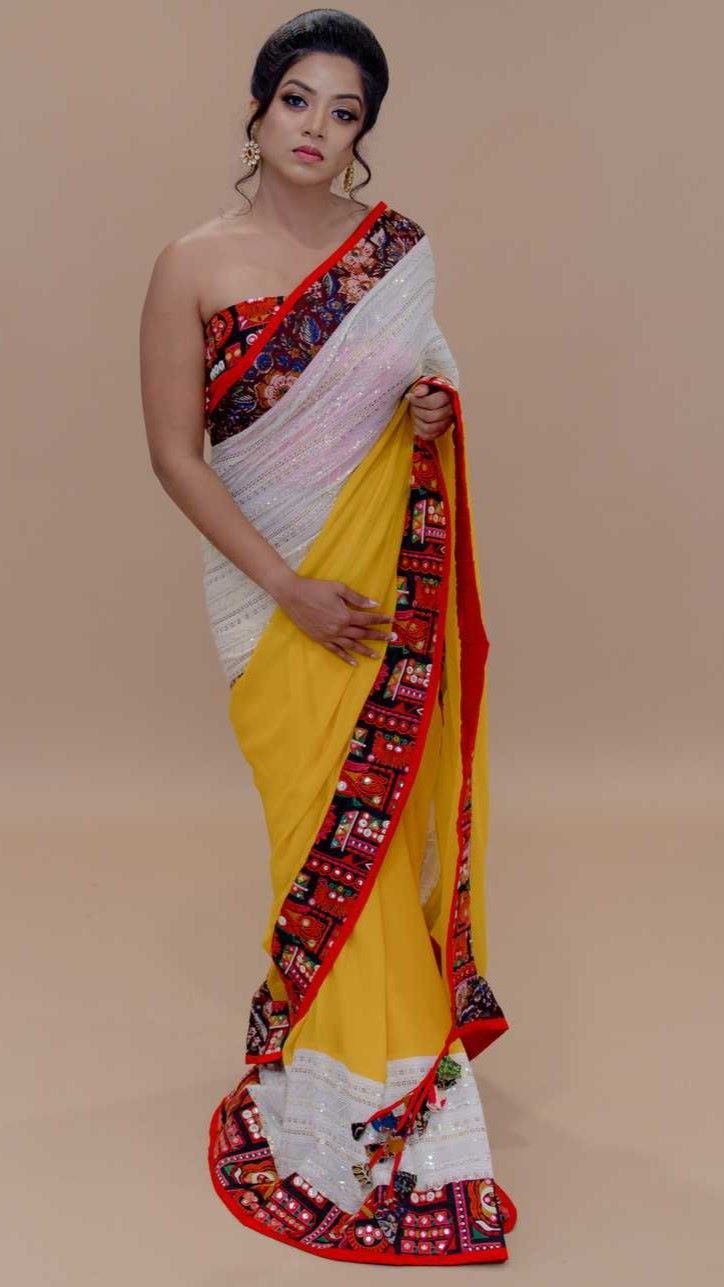 White and Yellow Pure Georgette Designer Saree with painted border - Anvi Couture