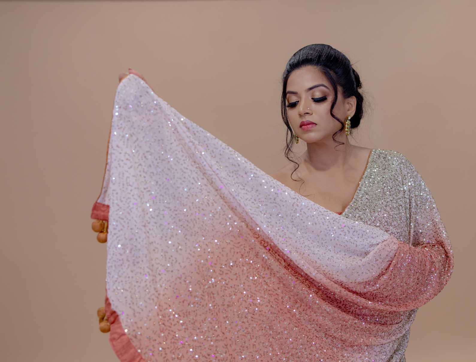 Peach and White Georgette Designer Saree With Sequin Work And Tassel Pallu - Anvi Couture