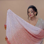 Peach and White Georgette Designer Saree With Sequin Work And Tassel Pallu - Anvi Couture