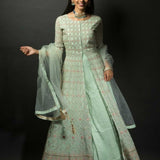 Sea Green Embroidered Kurti with Long Straight Pants - Anvi Couture