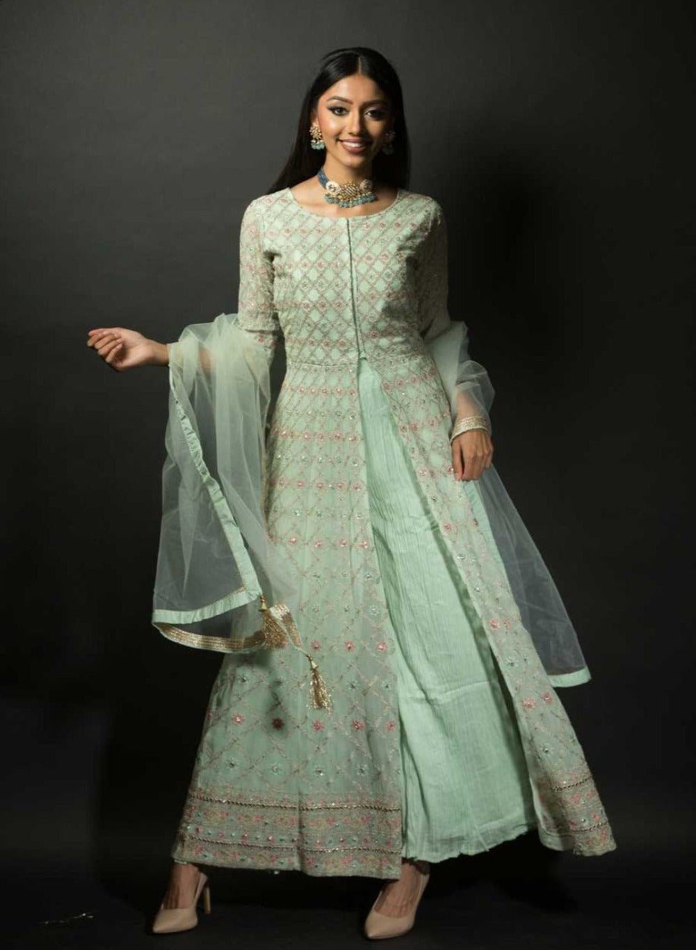 Sea Green Embroidered Kurti with Long Straight Pants - Anvi Couture